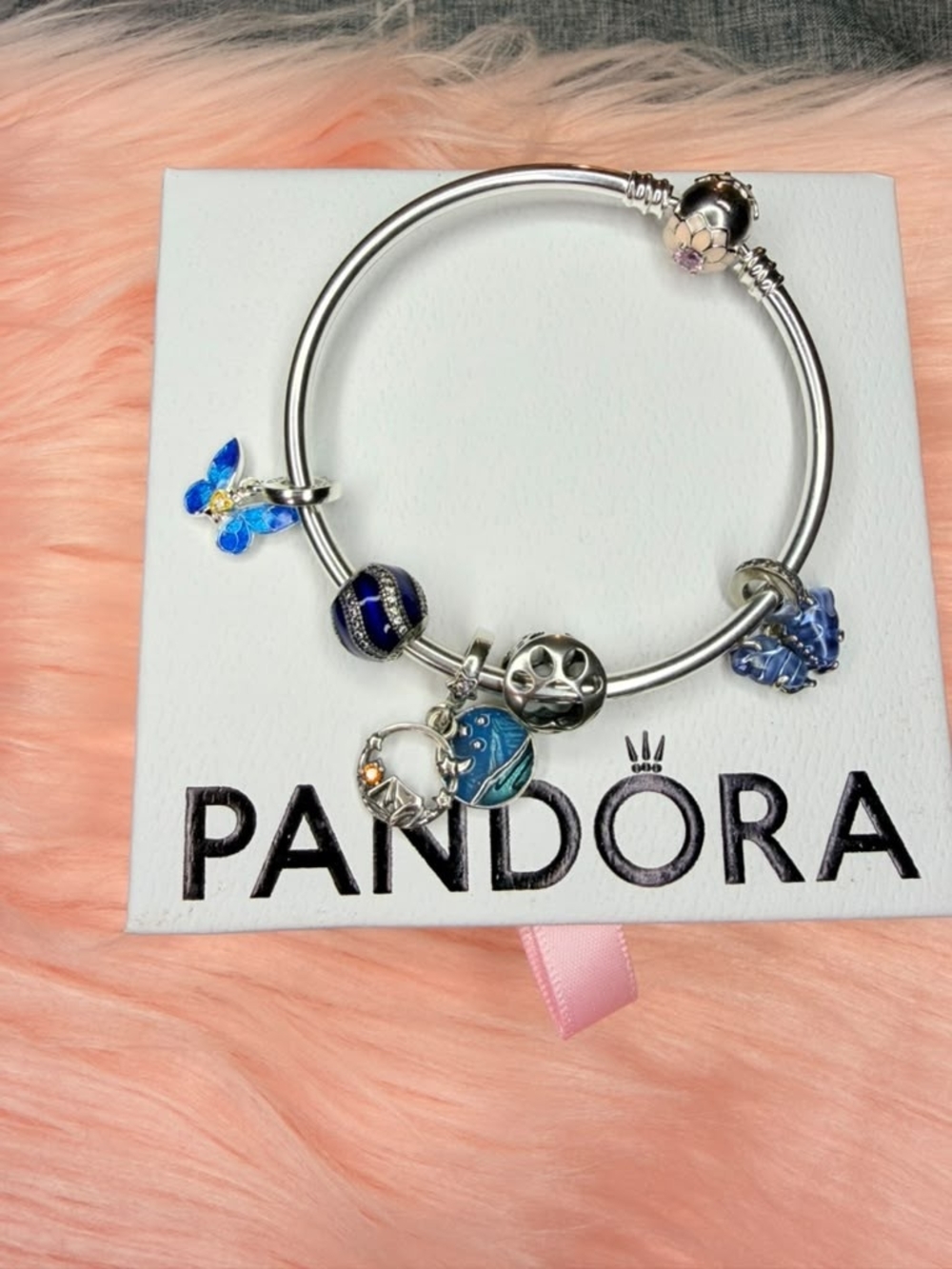 Pandora Silver Bracelet with Blue and Navy Charms